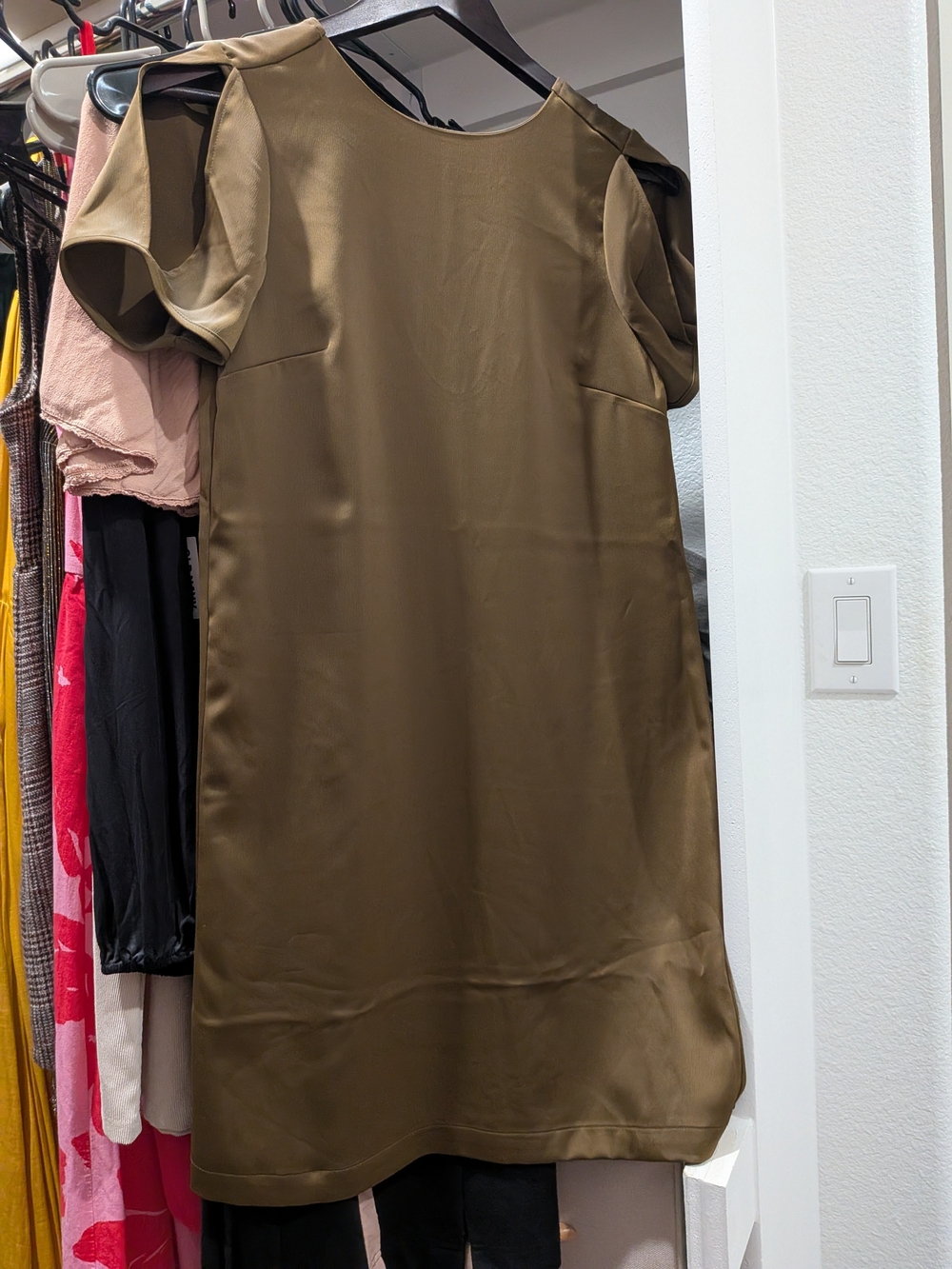 Olive Satin Cold-Shoulder Shift Dress